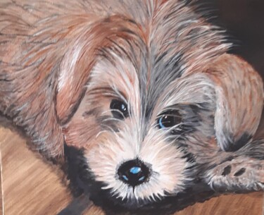 Painting titled "Pilou, petit chien" by Delphine Grezes, Original Artwork, Acrylic Mounted on Wood Stretcher frame