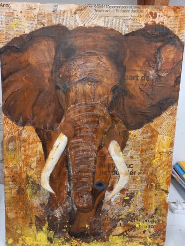 Painting titled "L'ELEPHANT NEWS" by Delphine Grezes, Original Artwork, Acrylic
