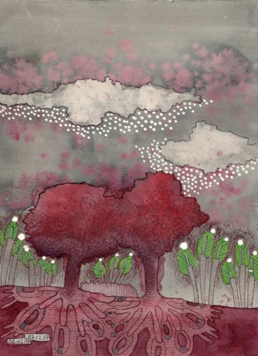 Painting titled "arbre-rouge N°5.jpeg" by Delphine Mabed, Original Artwork