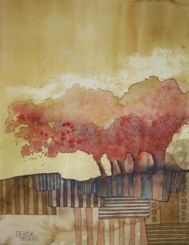 Pintura intitulada "2017 02 02 arbre ro…" por Delphine Mabed, Obras de arte originais, Aquarela