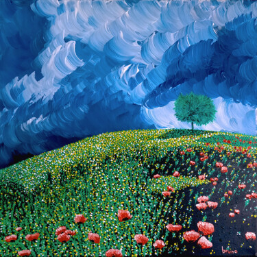 Painting titled "Coquelicots dans la…" by Bruno Deman, Original Artwork, Acrylic Mounted on Wood Stretcher frame