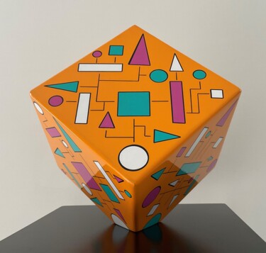 Sculptuur getiteld "Color cube orange l…" door Rémy Demestre, Origineel Kunstwerk, Hout