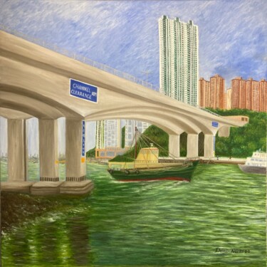 Painting titled "橋下的漁船" by Demi Ng, Original Artwork, Oil