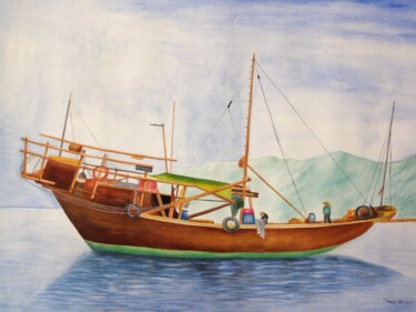 Painting titled "蜑家艇 Fish Boat" by Demi Ng, Original Artwork, Watercolor