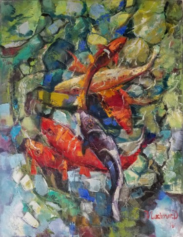 Painting titled "fish pond" by Vladimir Demidovich, Original Artwork, Oil