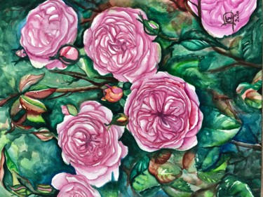Pittura intitolato "Roses Anglaises" da Sonia Demongivert, Opera d'arte originale, Acquarello