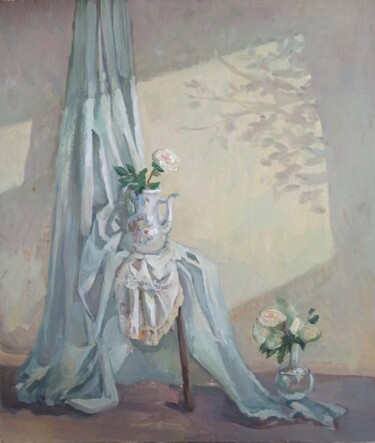 Painting titled "Белые цветы" by Den December, Original Artwork, Oil