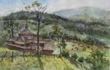 Painting titled "Церковь в Карпаты" by Den December, Original Artwork, Watercolor