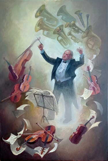 Painting titled "Дирижёр" by Den December, Original Artwork, Oil