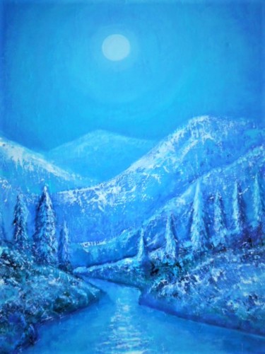 Painting titled "Full moon after fir…" by Dengiz Zolte, Original Artwork, Oil