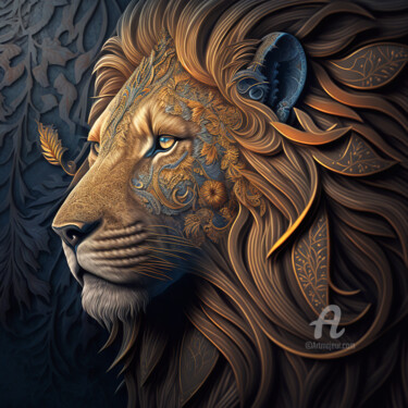 "The king of beasts" Digital painting of a lion Arts numériques intitulée ""The king of beasts…" par Denis Agati, Œuvre d'art originale, Image générée par l'IA