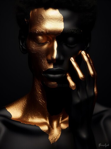 Digitale Kunst getiteld "Black man with gold…" door Denis Agati, Origineel Kunstwerk, AI gegenereerde afbeelding