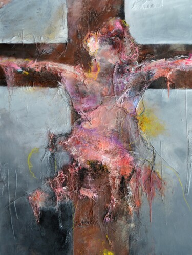 Painting titled "CruciFiction N°4" by Denis Blondel, Original Artwork, Oil Mounted on Wood Stretcher frame