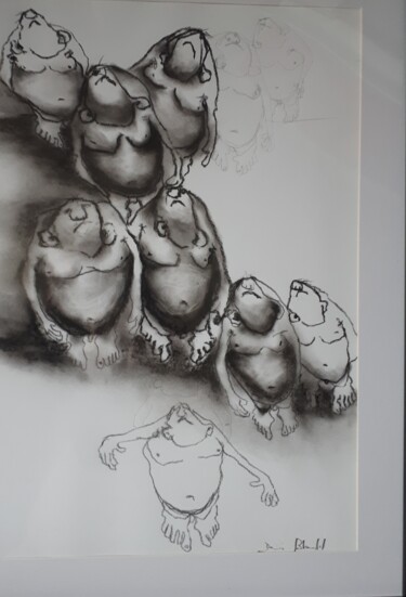 Рисунок под названием "Foule" - Denis Blondel, Подлинное произведение искусства, Карандаш Установлен на Другая жесткая панель