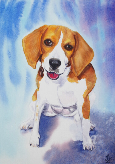 Painting titled "Mila, chiot beagle" by Emilie Denis, Original Artwork, Watercolor