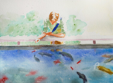 Peinture intitulée "Taquiner les carpes" par Emilie Denis, Œuvre d'art originale, Aquarelle