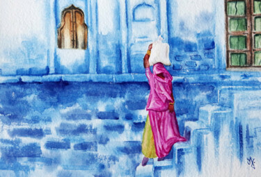 Malerei mit dem Titel "Le mur bleu" von Emilie Denis, Original-Kunstwerk, Aquarell