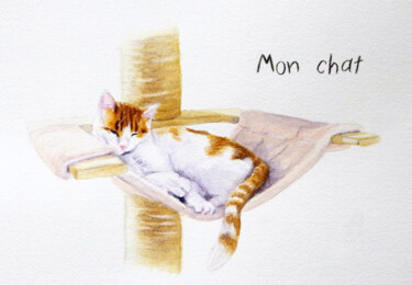 Malerei mit dem Titel "Dobby mon chat" von Emilie Denis, Original-Kunstwerk, Aquarell