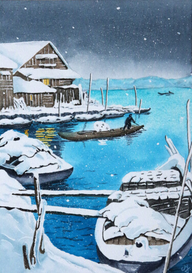 Peinture intitulée "Nuit sous la neige" par Emilie Denis, Œuvre d'art originale, Aquarelle