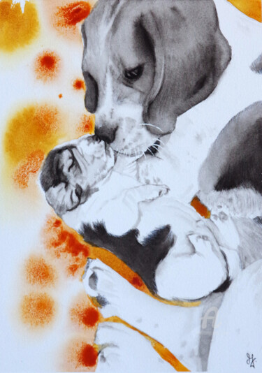 Картина под названием "Amour maternel" - Emilie Denis, Подлинное произведение искусства, Акварель