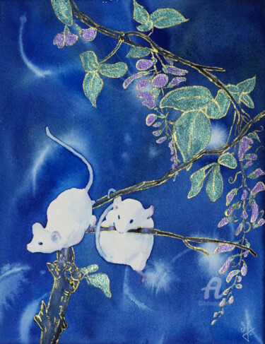 Pintura intitulada "Les souris blanches" por Emilie Denis, Obras de arte originais, Aquarela