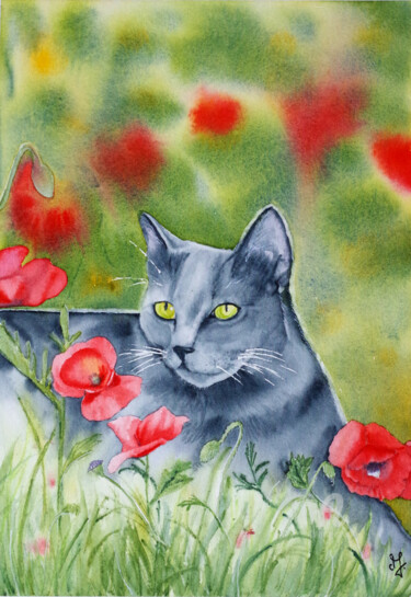 Malerei mit dem Titel "Petit chat aux coqu…" von Emilie Denis, Original-Kunstwerk, Aquarell