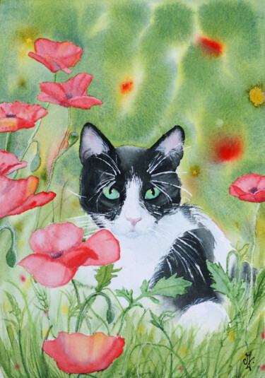 Malerei mit dem Titel "Petit chat aux coqu…" von Emilie Denis, Original-Kunstwerk, Aquarell