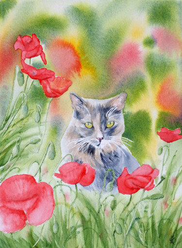 Pintura intitulada "Petit chat aux coqu…" por Emilie Denis, Obras de arte originais, Aquarela