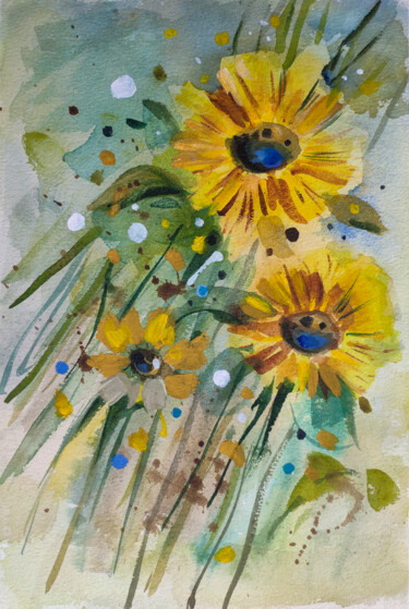 Картина под названием "Поток цветущих подс…" - Денис Филип, Подлинное произведение искусства, Акварель