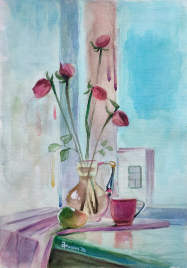 Malerei mit dem Titel "Натюрморт с розами…" von Denis Filip, Original-Kunstwerk, Aquarell