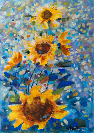 Schilderij getiteld "Sunflowers at dusk" door Denis Filip, Origineel Kunstwerk, Aquarel