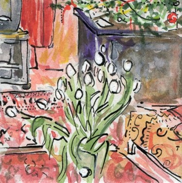 Dessin intitulée "Tulipes dans le sal…" par Denis Demouge, Œuvre d'art originale