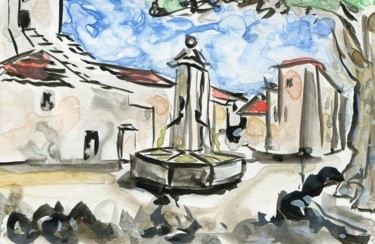 Dessin intitulée "Fontaine devant l'é…" par Denis Demouge, Œuvre d'art originale