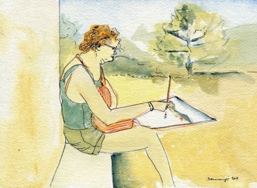 Drawing titled "Suzanne peint le vi…" by Denis Demouge, Original Artwork
