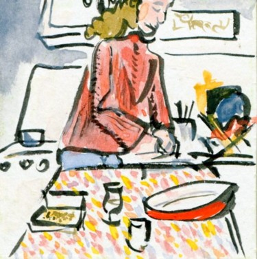 Dessin intitulée "Manoue en cuisine,…" par Denis Demouge, Œuvre d'art originale