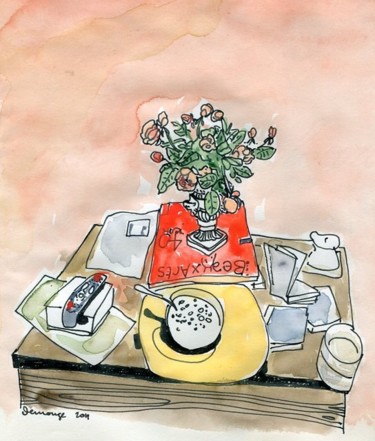 Рисунок под названием "Bouquet de roses du…" - Denis Demouge, Подлинное произведение искусства