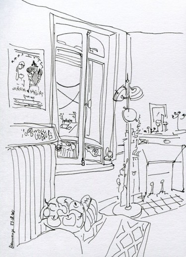 Drawing titled "Salon à Trouville" by Denis Demouge, Original Artwork