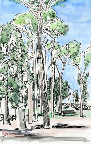 Drawing titled "Parc Borghèse, Rome" by Denis Demouge, Original Artwork, Other