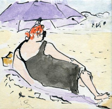 Dessin intitulée "Suzanne à la plage…" par Denis Demouge, Œuvre d'art originale