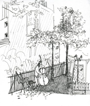 Drawing titled "Paris, un violoncel…" by Denis Demouge, Original Artwork