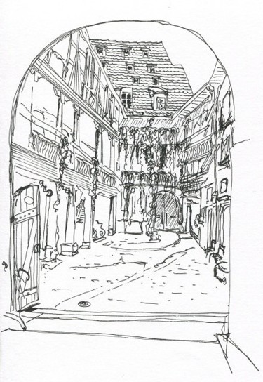 Dessin intitulée "Strasbourg, cour in…" par Denis Demouge, Œuvre d'art originale