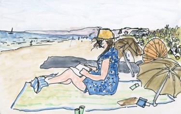 Dessin intitulée "Clèm lit à la plage…" par Denis Demouge, Œuvre d'art originale