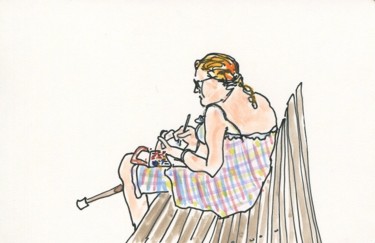 Dessin intitulée "Sur un banc du jard…" par Denis Demouge, Œuvre d'art originale