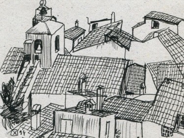 Dessin intitulée "Les toits du Barrou…" par Denis Demouge, Œuvre d'art originale