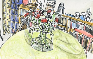Disegno intitolato "Bouquet d'anémones…" da Denis Demouge, Opera d'arte originale