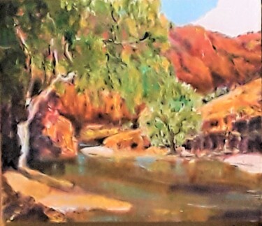Painting titled "Waterhole" by Denise Campbell, Original Artwork, Oil Mounted on Wood Panel