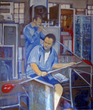 Schilderij getiteld "Murano glassmasters" door Denise Gemin, Origineel Kunstwerk, Olie
