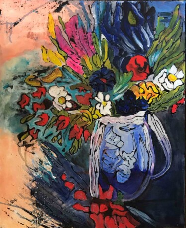 Painting titled "Bouquet au vase bleu" by Denise Grisi, Original Artwork, Acrylic Mounted on Wood Stretcher frame