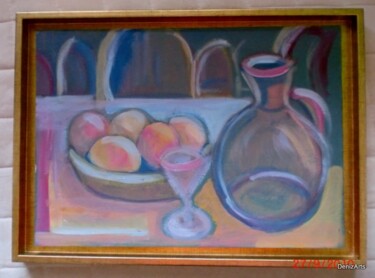 Painting titled "Fruits, carafe et v…" by Denise Guilhaumon, Original Artwork, Oil