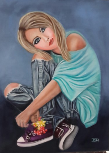 Malarstwo zatytułowany „Jeune fille en jean…” autorstwa Denise-Jane Hosotte, Oryginalna praca, Olej